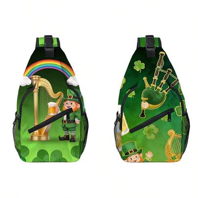 1pc St. Patrick's Day Unisex Sling Bag/Shoulder Bag/Travel Hiking Backpack/Chest Bag/Messenger Bag, Fashionable Men's Pink Ribbon Print Crossbody Bag - Polyester Material, Zipper Closure, Suitable For Casual Outings And Outdoor Activities