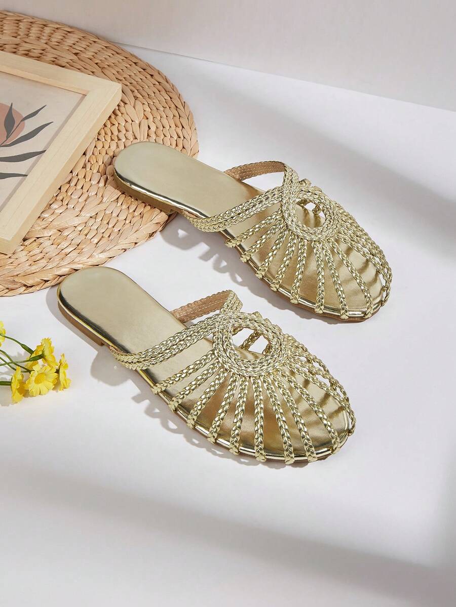Handmade Woven Gold Twist Strap Flat Sandals For Women, Random Woven Pattern, Random Twist Design - Gold - View 1