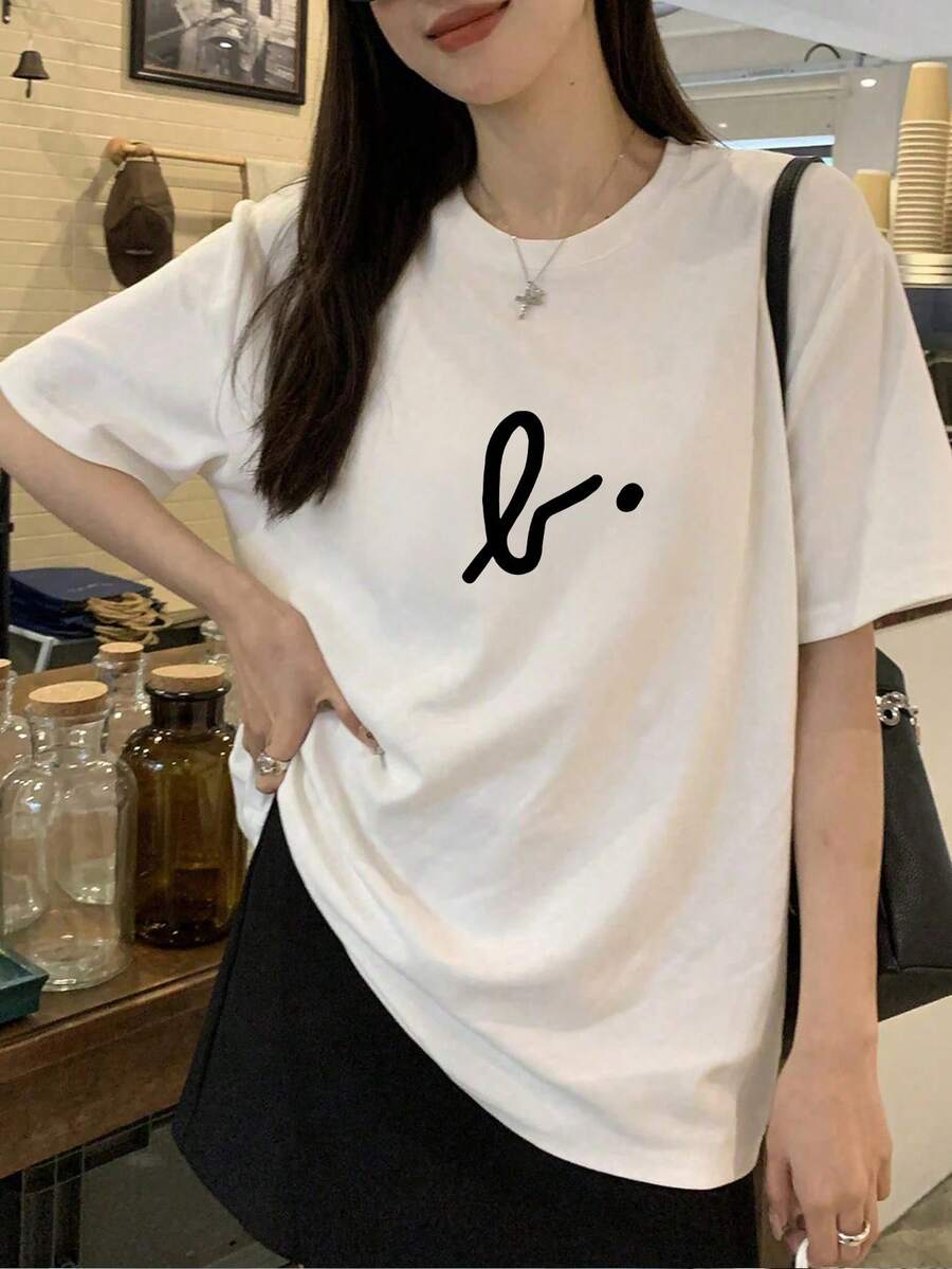 新款夏季 Z 世代 Y2K 风格女式极简日系文字印花圆领短袖 T 恤 - 白色 - 查看 1