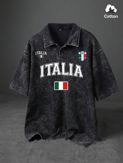 Camisa polo de moda callejera de verano para hombres, con patrón italiano, ligeramente elástica con aspecto vintage lavado, cuello polo y cierre de botones, parte superior negra casual para uso diario