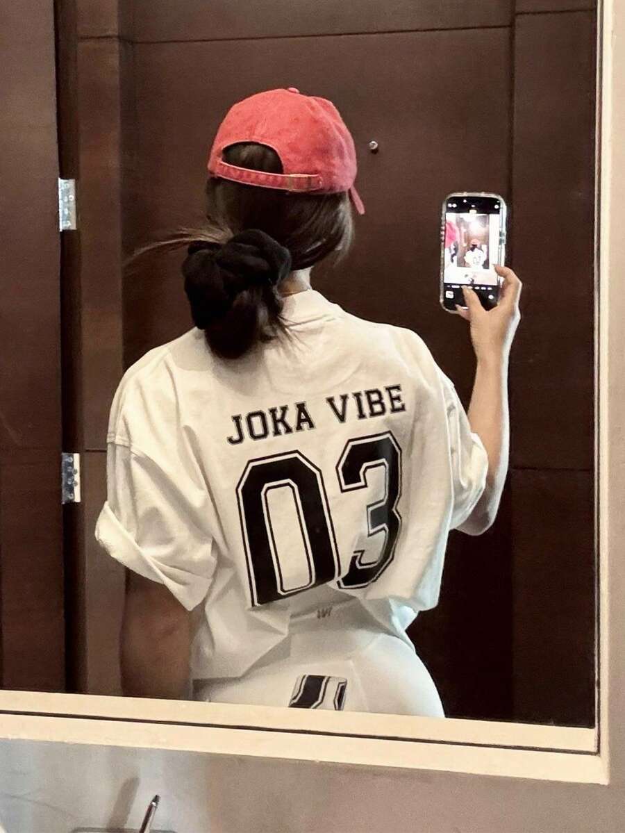 女士圆领短袖T恤，新款夏季数字字母印花，时尚休闲宽松上衣 - 白色 - 查看 1