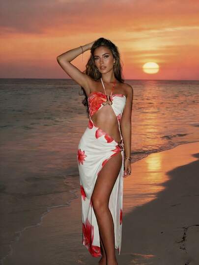 女士性感V领系带镂空针织沙滩防晒长袖迷你连衣裙，休闲纯色度假连衣裙