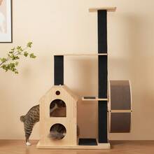 Solid Wood Cat Tree With Wheels – 80 * 40 * 152 Cm With 4 Platforms, 2 Cat Litter Boxes, Silicone Posts And Washable Scratching Mat, Cat Scratching Tree With Wheels, Cat Rack - Khaki - View 3