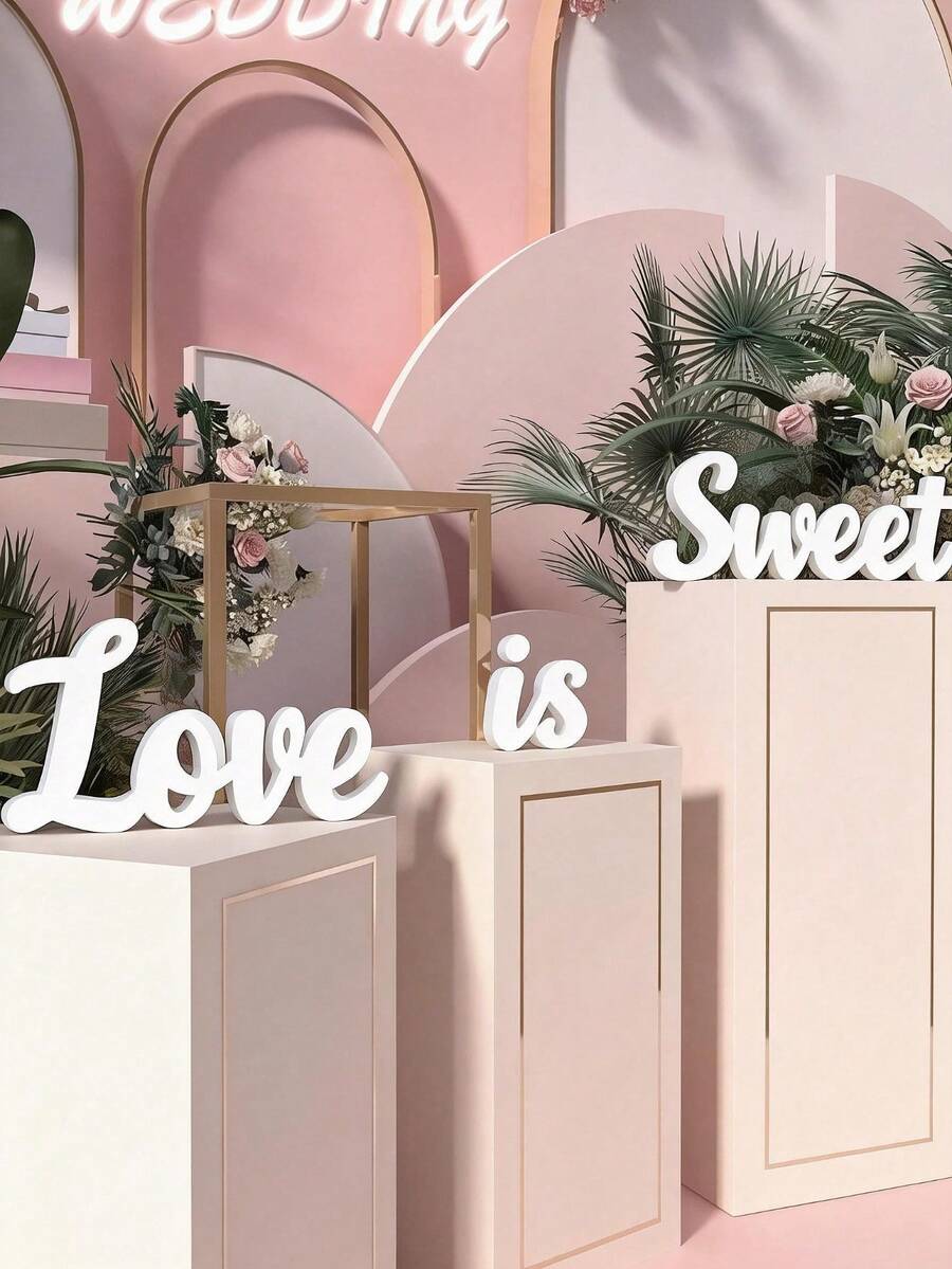 3pcs Set | "Love Is Sweet" Wooden Desktop Letter Decor Plaque, Valentine's Day Decor, Hollow Dessert Table Decor Rack, Valentine's Gift, Wooden Heart-Shaped Letter LVOE, Suitable For Wedding Decoration, Anniversary, Photo Prop, Valentine's Day (White) - Multicolor - View 1