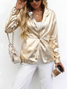 女士仿皮西装外套，长袖衬衫式翻领纽扣外套 - 燙金色 - 查看 7