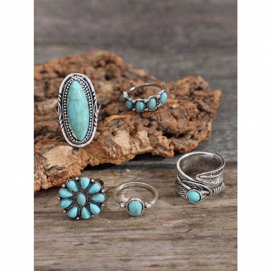 5pcs Vintage & Fashionable & Exquisite Bohemian Style Leaf, Flower, Geometric & Turquoise Ring Set For Women Western Jewelry Valentines,Mom,Mother,Mother's Day,Gift - 復古銀色 - 查看 1