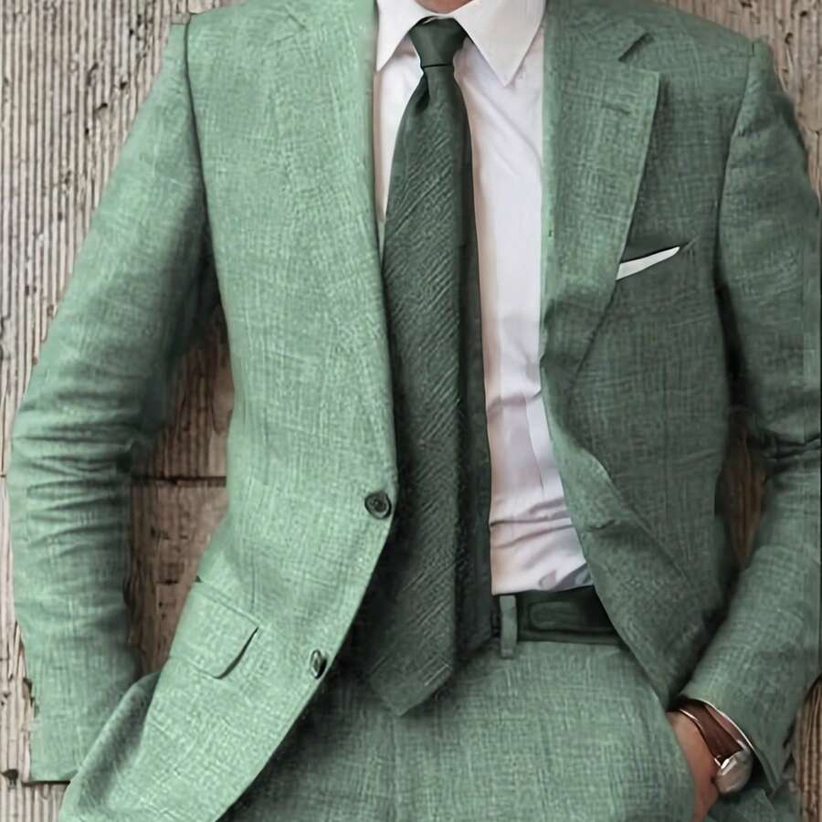 Men's 2pcs Linen Suit Summer Wedding Formal Party Events Tuxedo Suit Elegant Casual Working Business Suit 34S 36S 38S 40R 42R 44R 12.15gal - Light Green - 查看 1