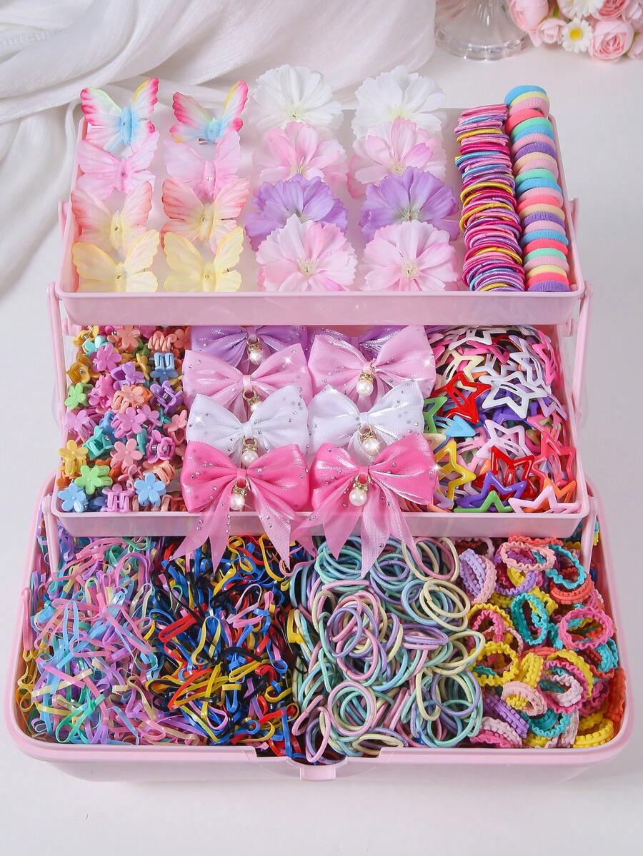 871pcs Girls Multicolor Mesh Bow Hairclips, Cute Princess Hair Accessories, Elastic Durable Non-Damaging Hair Ties, Hair Scrunchies, Claw Clips, Barrettes, Suitable For Daily Use And Back To School - Multicolor - View 1
