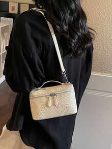 1pc Spring/Summer New PU Leather Woven Texture Square Handbag, Woven Design Dual-Zipper Closure, Fashion Minimalist Elegant Versatile Box Bag Suitable For Commuting, Office, Dating, Daily, Shopping - White - View 6