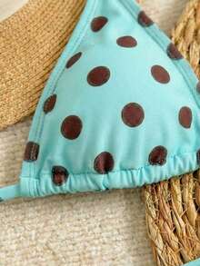 新款性感波点印花三件式露背蝴蝶结比基尼泳衣，夏季沙滩派对女士泳装 - 薄荷藍 - 查看 3