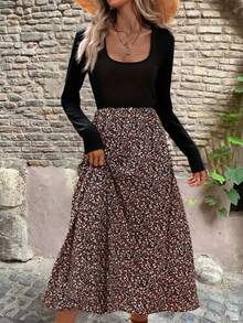 优雅女士长袖圆领中长连衣裙，印花修身A字版型，适合休闲度假穿着。 - 咖啡 - 查看 1