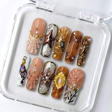 NailLuxe 10 PCS Handmade Square Press-On Nails | Nude Pink-Brown Marine Element Retro Style With Nude & Brown Bases, Shell & Starfish Embellishments - Màu nâu  Mocha - Xem 1