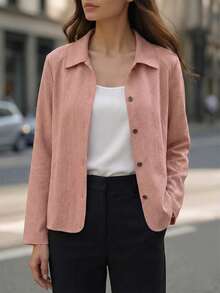Women's Spring/Autumn New Linen Blend Long Sleeve Button Lightweight Jacket, Casual Shirt Outerwear - Pink - View 5