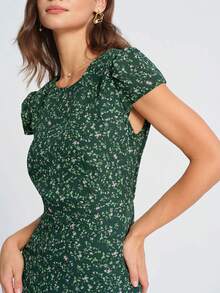 2026夏季深绿色碎花泡泡袖迷你连衣裙，复古乡村A字腰身吊带裙，女士休闲波西米亚法式短袖连衣裙，适合度假、日常穿着、海滩、乡村风格穿搭、派对 - 綠色 - 查看 8