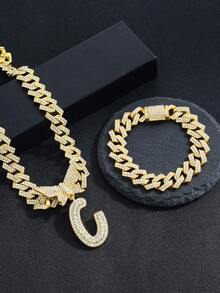 2pcs Women's Silver Necklace Set - A-Z Rhinestone Butterfly Letter Pendant Necklace & Bracelet, Diamond-Shaped Cuban Chain, Cursive Letter Jewelry - Fashion Ice Crystal Butterfly - View 2