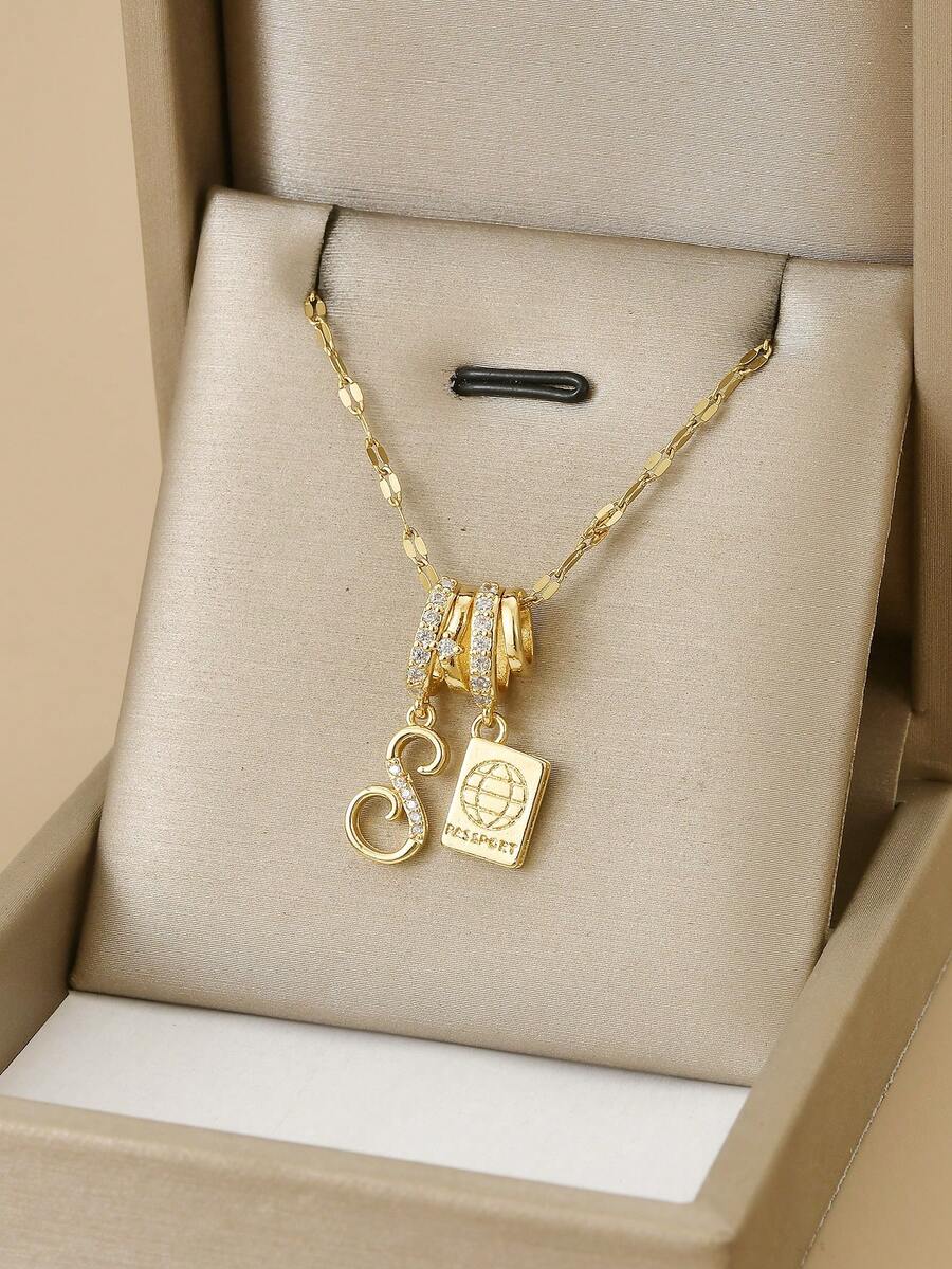 1 chiếc dây chuyền chữ S bằng thép không gỉ đính đá Cubic Zirconia thời trang dành cho nữ, dây chuyền vàng, trang sức vàng, trang sức nữ, mùa hè, đi biển, ngày Valentine, lễ hội, quà sinh nhật, quà tặng cho người yêu - Hộ chiếu chữ S - Xem 1