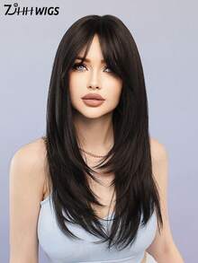 7JHH WIGS 優雅 24 英吋長深棕色分層假髮，附簾幕瀏海，適合女性日常配戴，天然合成耐熱纖維髮絲，中分鬆散波浪黑假髮，母親節禮物 - Dark Brown - 查看 5