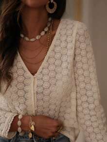 V领纹理针织纽扣前开襟衬衫 - 杏色 - 查看 6