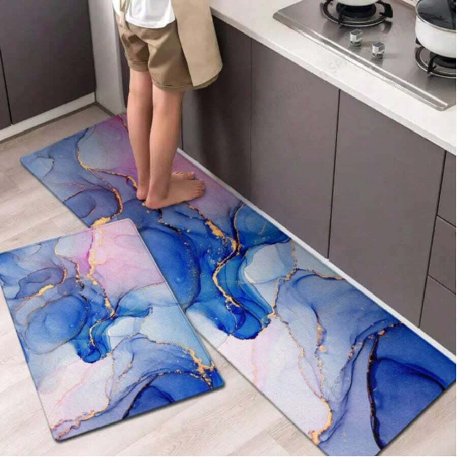 1 Peça Tapete Antiderrapante com Estampa de Mármore em Aquarela - Design Abstrato Vibrante, Capacho de PVC Lavável em Máquina, Adequado para Entrada, Sala de Estar, Quarto, Cozinha e Banheiro - Disponível em Vários Tamanhos, Tapete de Banheiro - Multicolorido - Visão 1