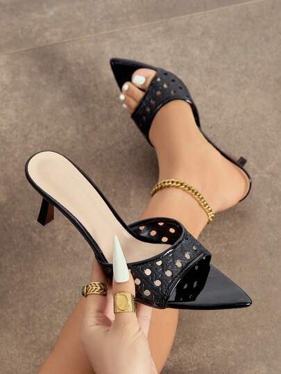 Women's High Heel Woven Hollow Mule Shoes, Suitable For Spring/Summer Night Parties, Gatherings, Outdoor Walks, Runways, Home & Leisure Wear. Featuring Pointed Toe, Thin High Heel, Sexy Open Toe Design, Slip-On Style, Elegant Mirror-Finish Material, Black Color, Fashionable High Heel Slippers