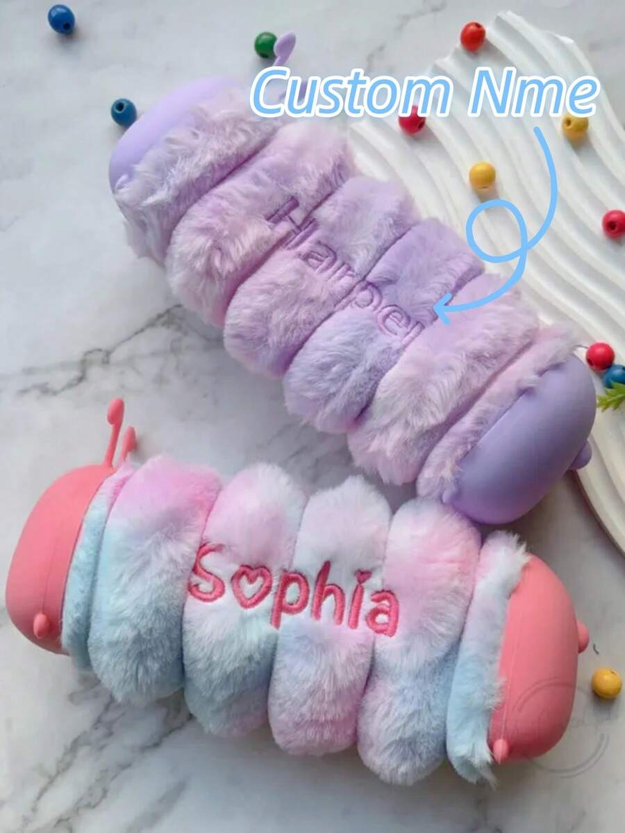 Personalized Name Custom Plush Caterpillar Pencil Case, Large Capacity Soft Fuzzy Stationery Bag, Cute Back To School Gift For Girls Kids Students. - Multicolor - View 1