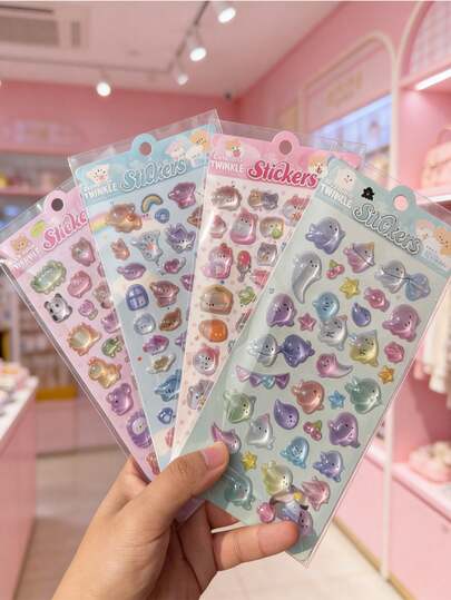 3D透明贴纸，可爱日系设计，梦幻甜美少女风，简约风格。可重复使用，高粘性背胶，粘贴不伤表面。可装饰手机、笔记本电脑、水瓶等。（颜色随机发货）