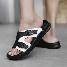 Men's Casual Slippers, Buckle Design Beach Sandals, Versatile Non-Slip Fashion Slides, Suitable For All Seasons - Black and White - View 8