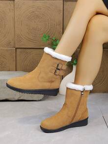 Women's Mid-Calf Snow Boots, Thick Fleece Lining, Wedge Heel, Warm & Soft Material, Side Zipper, Round Toe, Versatile Winter Outdoor Boots (Shoe Mouth And Foot Length Run Small By 1 Size) - 駝色 - 查看 2