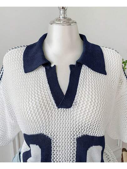Colorblock Splice Letter Knit Hollow Out Plus Size Women Vacation Holiday Spring Summer
