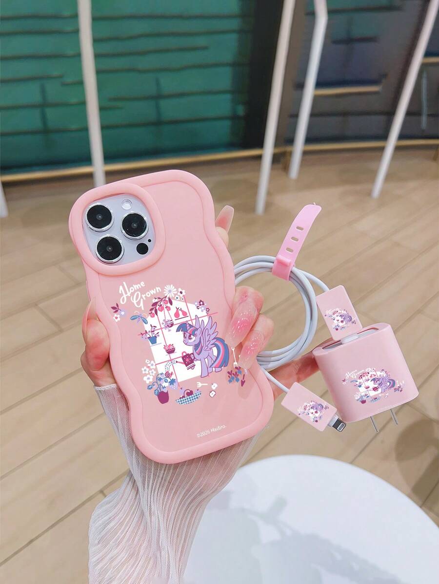 Hasbro Authorized Cartoon Pattern Wavy Design Phone Case + Data Cable Set, Compatible With IPhone 17, 16, 15, 14, 13, 12, 11 Series - Pink - View 1