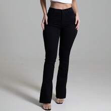 Calça Preta Feminina Sawary Jeans Original Flare Boot Cut Boca de Sino Cintura Alta Confortável Lycra Elastano - Preto - Visão 11