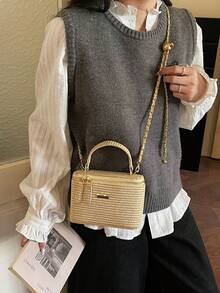 Woven Texture Handle Box-Shaped Handbag, Women's Spring/Summer New Fashion Chain Crossbody Small Square Bag, Versatile Beach Holiday Purse , Beach Bag - Khaki - View 3