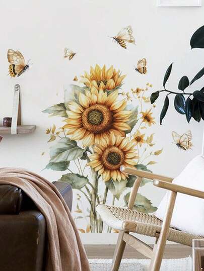 1pc PVC Self-Adhesive Removable Wall Sticker, Delicate Floral, Leaves, Butterfly, Blooming Sunflower, Purple Flower Cluster, Mushroom Grass, Colorful Flower Meadow, Multi-Size, Home Wall Decor, Suitable For Bedroom, Study, Living Room, Dining Room, Bathroom