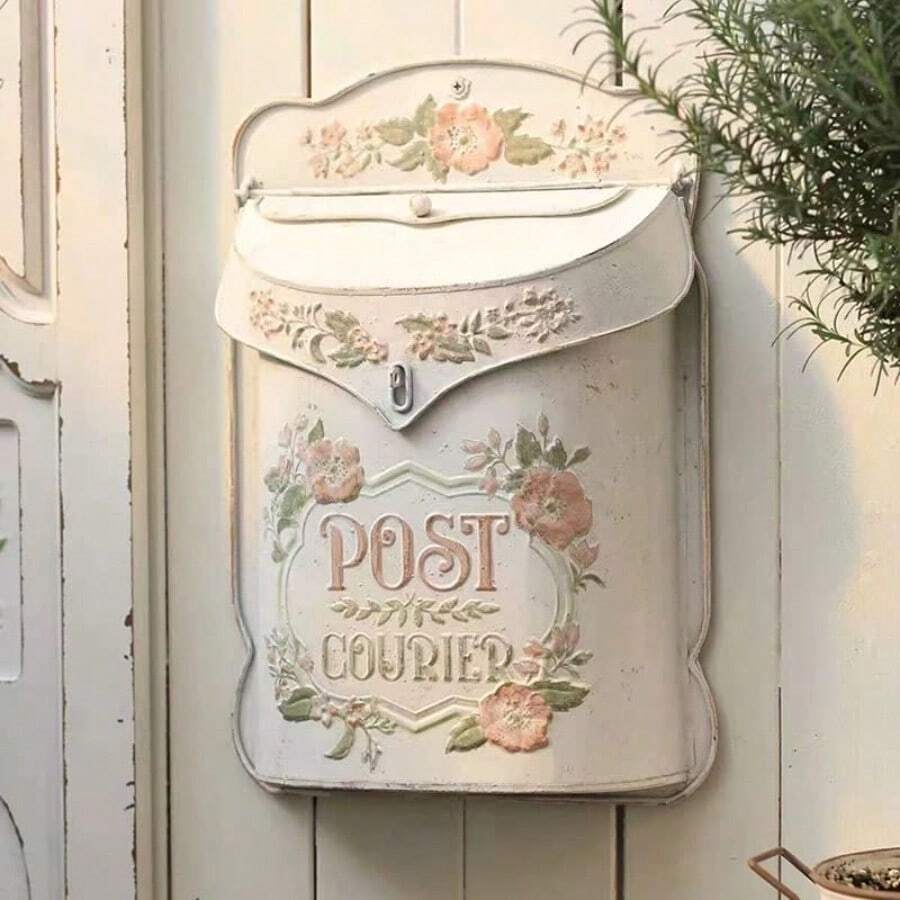 Wall Mount Mailbox For House Outside Vintage Metal Door Mailbox Antique Style Nostalgic Charm Home Decor Garden Vintage English Cottage Decor Flower Patter - White - View 1
