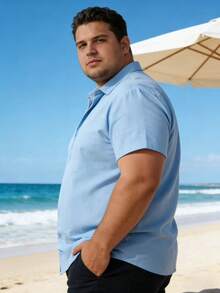 Plus Size Men's Short Sleeve Shirt, Classic Outdoor Hidden Button Design, Casual Solid Color Lapel Shirt, Outdoor Fashion Shirt Top - Baby Blue - View 4