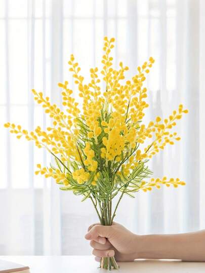 4支人造黄色含羞草花茎，带塑料仿真球茎，仿真复活节黄色花茎，适用于婚礼家居装饰、婚礼、派对、生日、周年纪念、春季家居装饰、复活节、母亲节DIY花束、新娘捧花、婚礼装饰、派对装饰、酒店装饰、桌面装饰