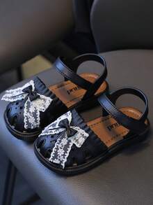 可爱水钻蝴蝶结露趾女童凉鞋，透气沙滩度假鞋 - 黑色 - 查看 3