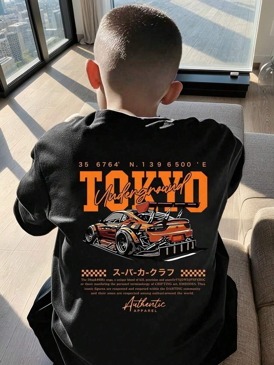 男童字母和赛车图案圆领短袖休闲百搭T恤 - 黑色 - 查看 1