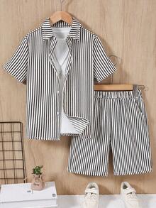 2 Stücke/Set Jungen gestreiftes Kurzarmhemd + Shorts, lässiger, weiter Sommeroutfit - Grau - Übersicht 1