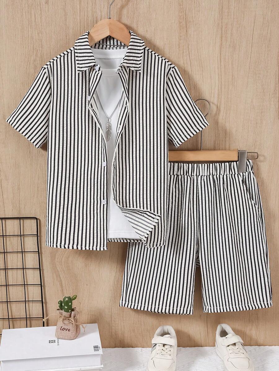 2 Stücke/Set Jungen gestreiftes Kurzarmhemd + Shorts, lässiger, weiter Sommeroutfit - Grau - Übersicht 1