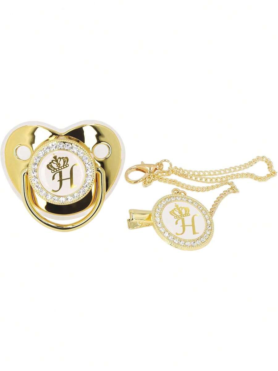 Chupete portátil de moda con letra dorada para bebé, chupete infantil higiénico con diamantes de imitación y clip (H),40909062 - Rosa - Ver 1