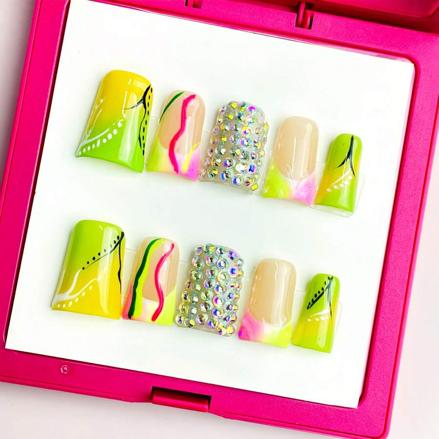 Sellora 10 PCS Handmade Acrylic Duckbill Press-On Nails | Fluorescent Color-Block Art Nails With Full Rhinestones For Dazzling Personalized Looks - 彩色 - 查看 1
