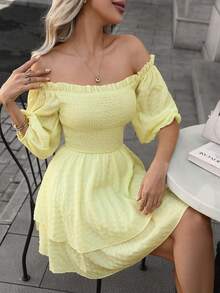 Solid Color Elegant Sexy Cute Pleated Ruffle/Frill Off Shoulder Puff Sleeve Midi Dress, Suitable For Evening Date, Vacation, Party, Formal Occasion, Spring/Summer - Yellow - View 9