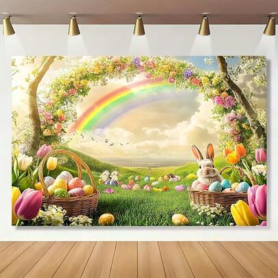 这款2D平面1件装复活节庆典春兔草图案背景布，时尚喜庆，是优雅婚礼、高端活动或晚宴的完美之选！这款耐用面料可捕捉特殊时刻。