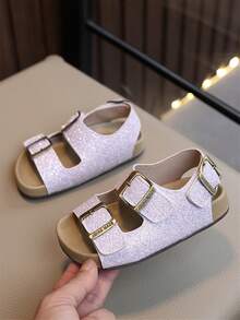 Girls' Sparkly Glitter Double-Strap Sandals – Adjustable Gold Buckle Closure, Soft Padded Footbed, Stylish Summer Toddler Party & Casual Footwear - Lilac Purple - View 3