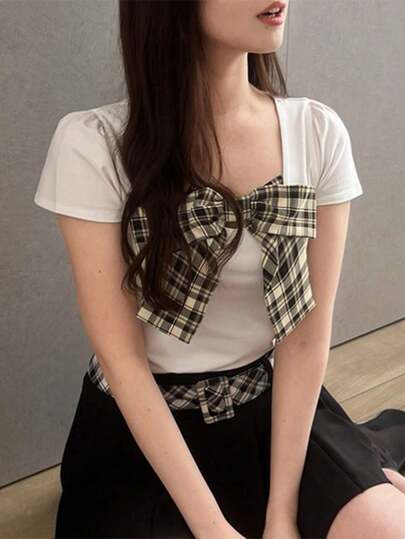 女士格子拼接蝴蝶结装饰短袖休闲T恤 白色