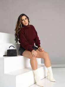Cropped Knit High Neck Cacharrel Puff Sleeve - Burgundy - View 2