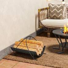 Indoor Log Holder, 51 X 38 X 33 Cm, Geometric Design With Metal Handle, Black