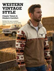Spring/Fall Winter Regular Fit Button Front Zipper Pocket Halloween Mens Cowboy Sweatshirt Vintage Print Western Sweatshirt Casual Long Sleeve 1/4 Zip Fleece Pullover - N2KQ4 - Xem 3