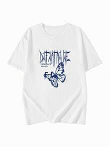 Women's Round Neck Short Sleeve T-Shirt, New Summer Butterfly Pattern And Letter Print, Fashionable Casual Versatile Loose Top - White - View 3